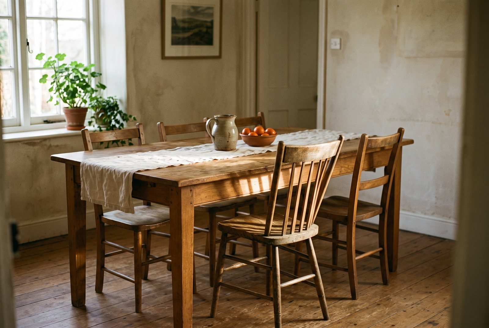 Una mesa familiar de madera con una silla apartada, en una tarde de otoño.