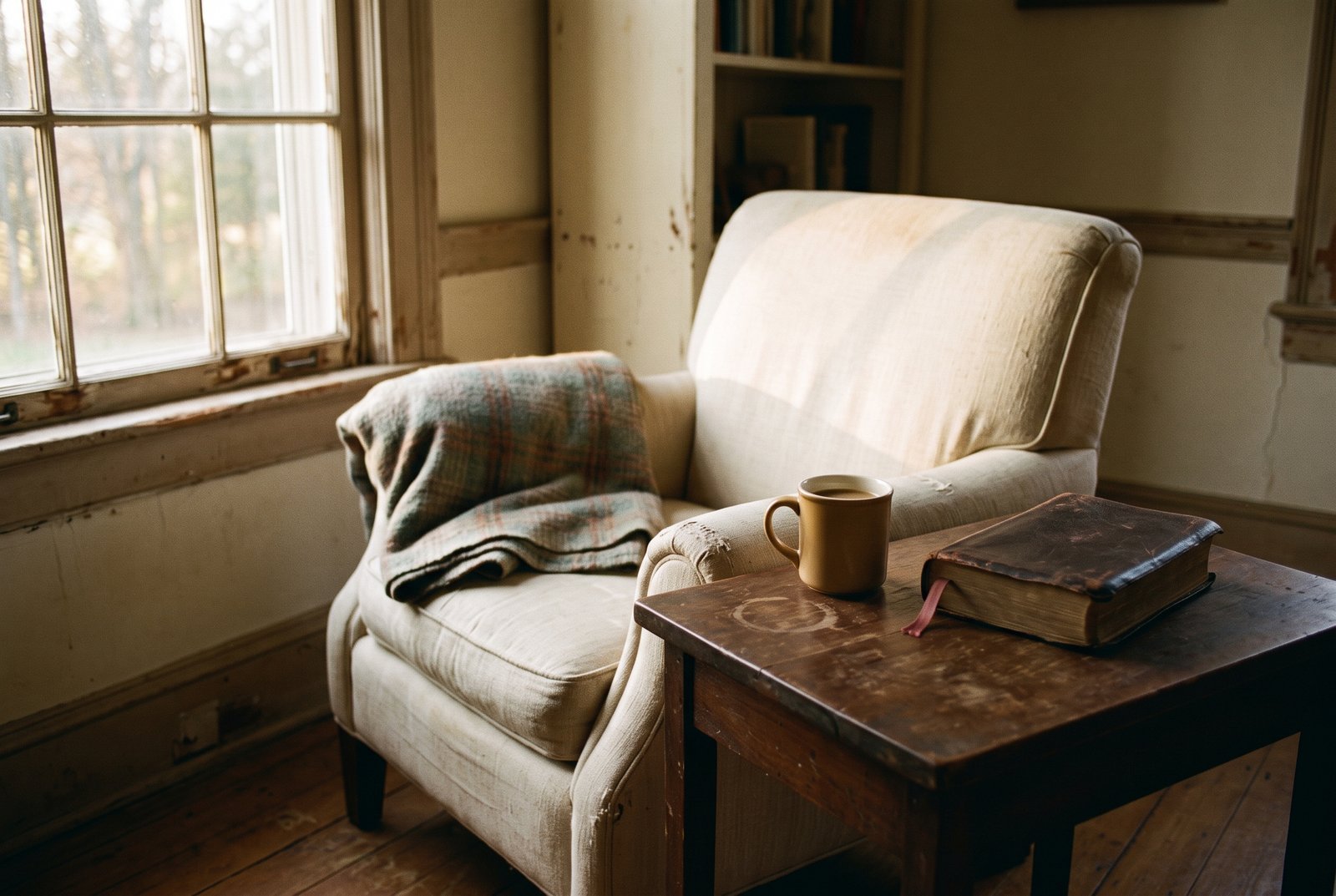 Un sillón junto a una ventana con la primera luz de la mañana, una taza de café y una Biblia gastada sobre la mesita.